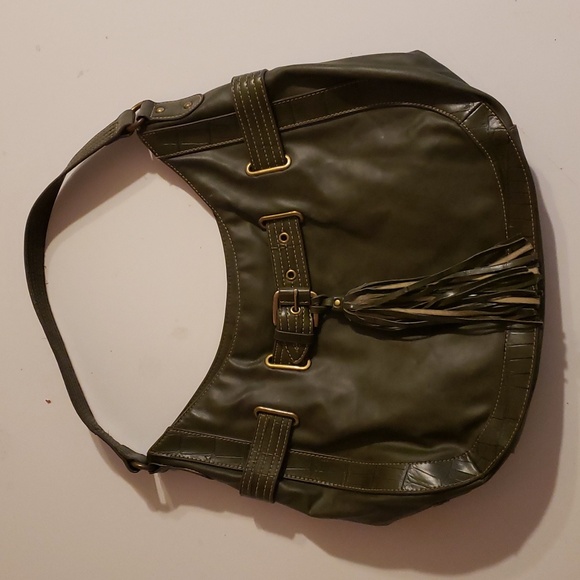 Tommy Hilfiger olive green leather hobo shoulder tote bag with tassel - Picture 1 of 8